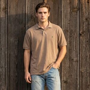 Vintage Polo Ralph Lauren Shirt Mens Large Tan Pique Knit Cotton Preppy 90s